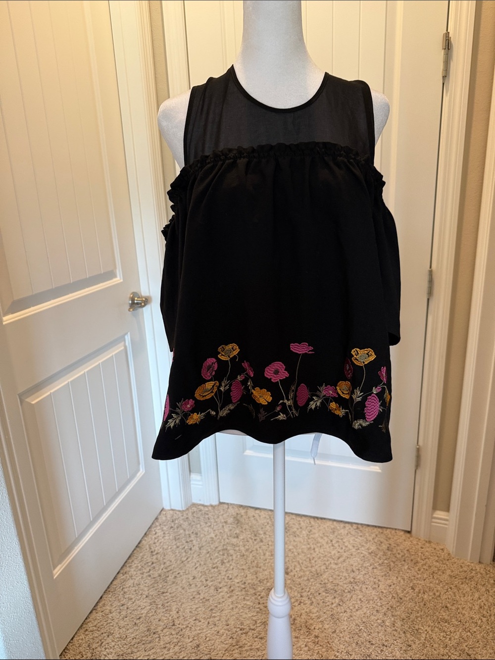 Blue Rain Black Cold-Shoulder Tank with Pink & Gold Floral Embroidery